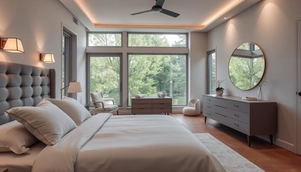 A cozy yet modern bedroom with minimalist decor. In the foreground, a king-size bed with crisp white linens and an elegant, tufted gray headboard. Soft, indirect lighting from angular sconces casts a warm glow. In the middle ground, a sleek, low-profile dresser with clean lines and a large, round mirror above it. The background features floor-to-ceiling windows overlooking a lush, tree-lined landscape, allowing natural light to flood the space. Hues of gray, white, and wood tones create a serene, calming atmosphere. The overall design showcases a harmonious blend of contemporary and timeless elements, reflecting the anticipated bedroom trends for 2025.