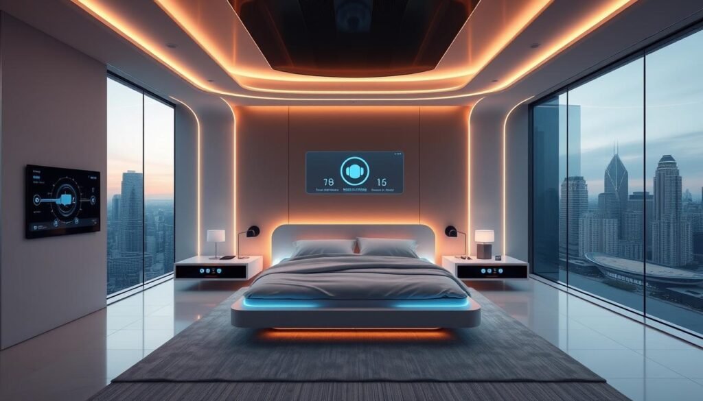 A futuristic bedroom with a minimalist, high-tech design. The centerpiece is a smart bed with integrated climate control, sleep tracking, and massage functions. Sleek, floating nightstands display smart home controls and device charging. Adjustable, color-changing lighting is seamlessly integrated into the walls and ceiling, creating a serene ambiance. In the corner, a holographic assistant awaits voice commands to adjust settings, play music, or access information. Large windows offer panoramic city views, complemented by smart glass that tints and clears on demand. The room exudes a sense of calm, convenience, and the seamless convergence of technology and interior design.