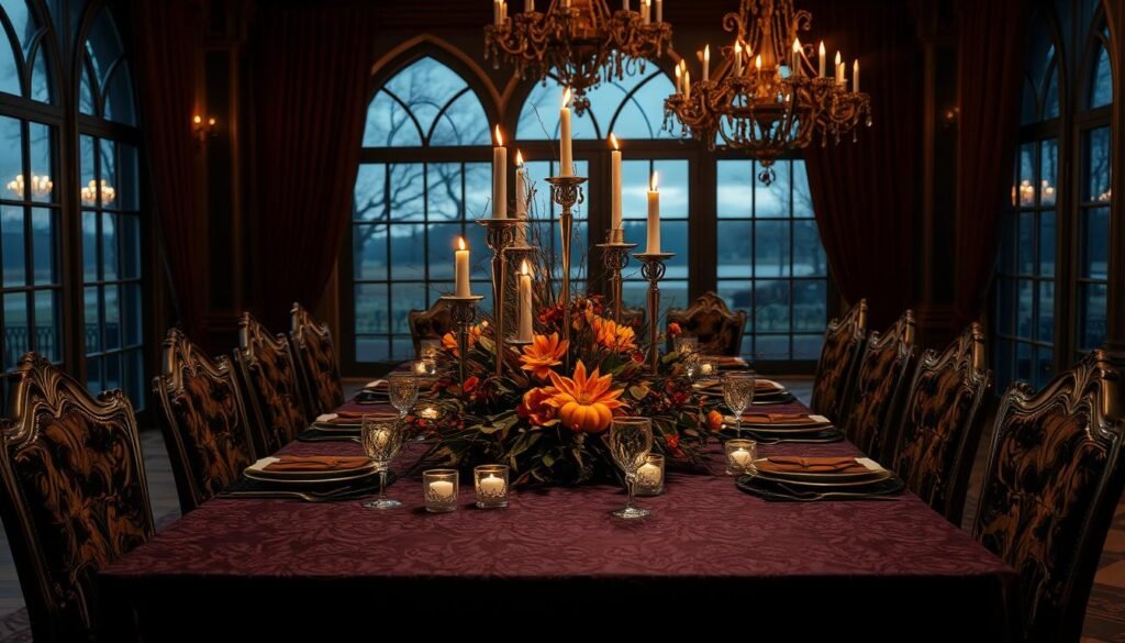 A lavish Halloween tablescape adorned with elegant, handcrafted decor. In the foreground, a long, ornately carved dining table draped in a dark, luxurious velvet tablecloth. Atop it, a centerpiece of tall candelabras with flickering candlelight, surrounded by an arrangement of autumnal blooms, dried foliage, and glistening glass ornaments. In the middle ground, high-backed chairs upholstered in rich brocade fabrics. The background features tall arched windows framing an evening landscape, with the warm glow of chandeliers casting a soft, inviting ambiance throughout the space. The overall mood is one of refined sophistication and atmospheric allure.
