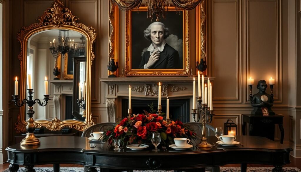 A lavish, elegantly decorated Halloween-themed interior. In the foreground, a large ornate mirror with a gold frame is the centerpiece, flanked by two tall, lit candelabras. The middle ground features a dark wood table adorned with a moody floral arrangement, vintage candlesticks, and delicate bone china. The background showcases a grand fireplace with a ornate mantelpiece, crowned by a large, dramatic black and white portrait. Soft, warm lighting creates an intimate, sophisticated ambiance. The overall aesthetic is one of refined opulence, blending traditional and modern elements for a contemporary take on upscale Halloween decor.