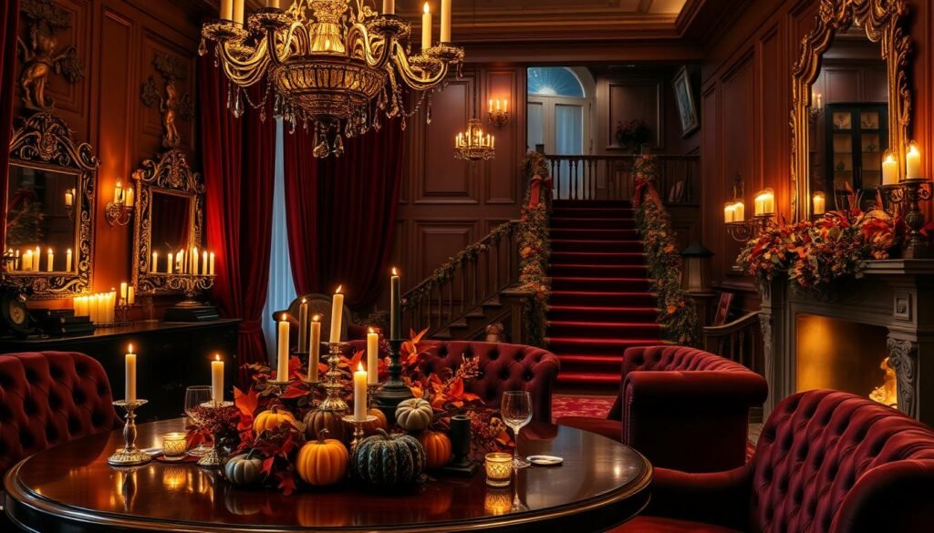 A lavishly decorated Halloween interior, illuminated by the warm glow of candles and the flickering fireplace. In the foreground, a grand baroque-style chandelier casts a soft, ambient light over a polished mahogany table adorned with a centerpiece of autumnal foliage, pumpkins, and delicate glassware. The walls are draped in rich, burgundy velvet curtains, punctuated by ornate gilt-framed mirrors that reflect the scene. The middle ground features a plush, tufted chesterfield sofa upholstered in deep, jewel-toned velvets, accompanied by matching armchairs. In the background, a grand staircase winds upwards, its ornate balustrade festooned with garlands of dried leaves and berries. The overall atmosphere is one of refined elegance and opulence, creating a multisensory experience that evokes the spirit of a luxurious Halloween.