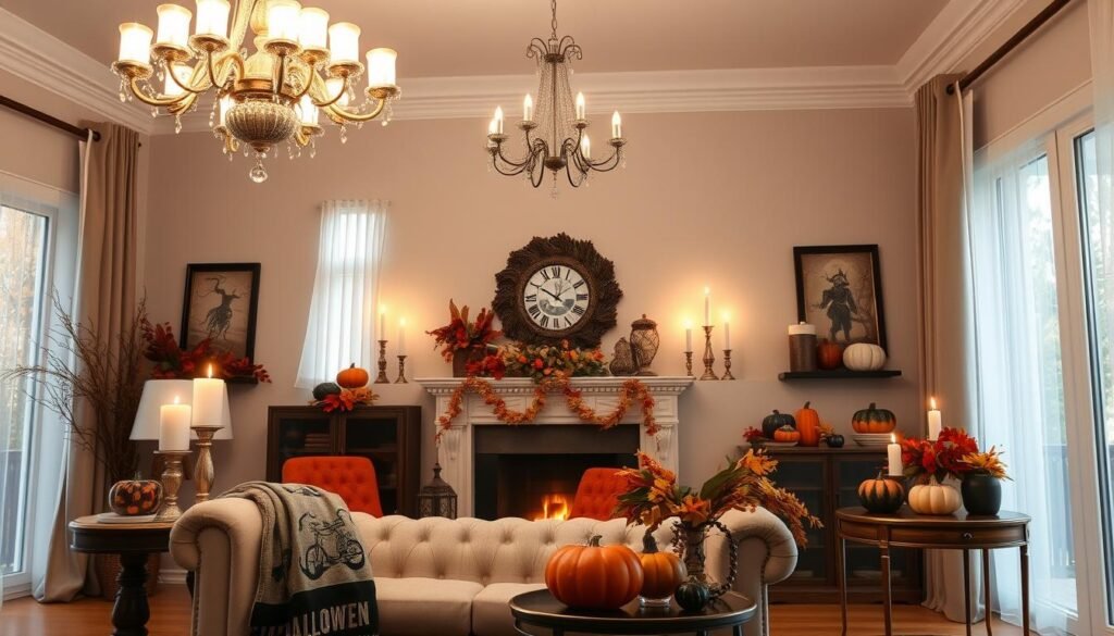 A living room adorned with elegant Halloween decor. The centerpiece is a large, ornate chandelier casting a warm, atmospheric glow. Beneath it, a plush tufted sofa is draped with a fluffy halloween throw blanket and pillows in autumn colors. On the mantel, candelabras with flickering flame-like LED candles flank a large. Decorative gourds, dried leaves, and sprigs of seasonal foliage are arranged on the side tables and shelves. Sheer, billowing curtains frame tall windows, allowing natural light to filter in.