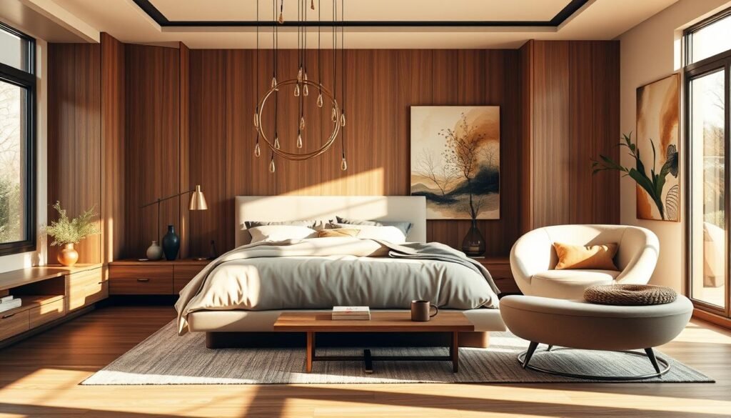 A luxurious and serene bedroom in 2025, bathed in warm, natural lighting that streams through large windows. The focal point is a plush, king-size bed with a stylish, minimalist headboard and high-quality linens in neutral, earthy tones. Strategically placed, built-in storage units flank the bed, providing ample space for personal items. A comfortable sitting area with a modern, curved sofa and a low, wooden coffee table sits adjacent to the bed. Delicate, hanging plants and a large, abstract artwork on the wall add pops of organic vibrancy to the otherwise muted color palette. The space is finished with a mix of natural materials, such as wood, stone, and textured fabrics, creating a calming, harmonious atmosphere.