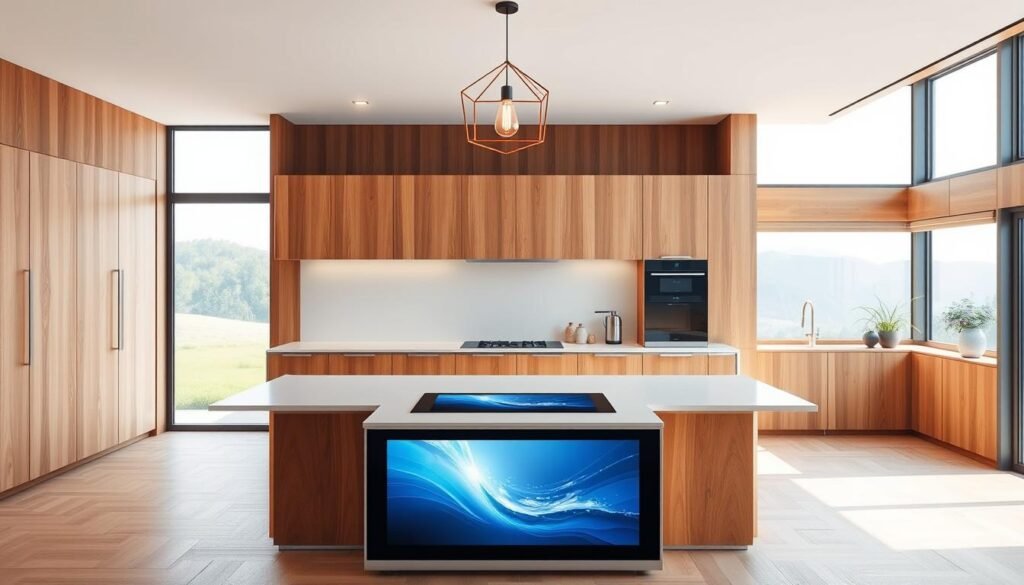 A minimalist kitchen with clean lines, warm wooden tones, and natural textures. The background features a large window with a serene landscape view, allowing natural light to flood the space. In the foreground, a sleek kitchen island with a built-in touchscreen display seamlessly integrated into the design. Overhead, a pendant light with a simple, geometric form casts a soft, ambient glow. The overall atmosphere is one of tranquility, balance, and a harmonious blend of technology and nature.