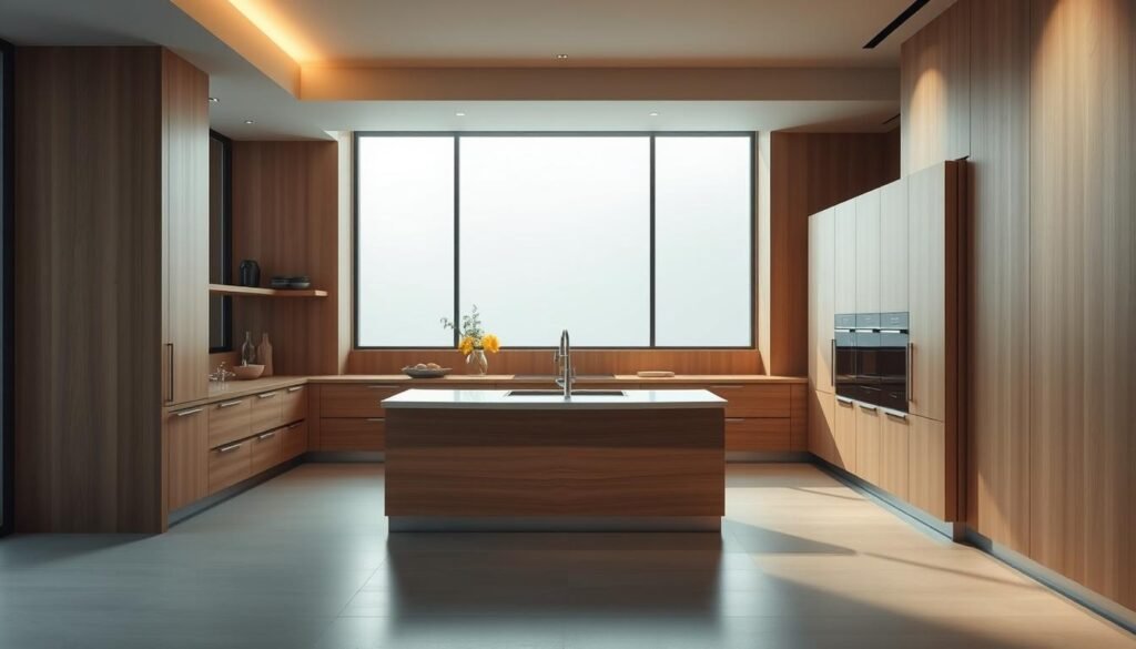 A minimalist kitchen with clean, sleek lines and a warm, inviting atmosphere. The focus is on high-quality, natural materials like wood, stone, and brushed metal. A large, unobstructed window lets in soft, diffused natural light, casting a gentle glow over the space. The kitchen layout is simple and efficient, with a central island and flush-mounted appliances. Soft, indirect lighting highlights the elegant, streamlined design. The overall impression is one of refined sophistication and timeless style.
