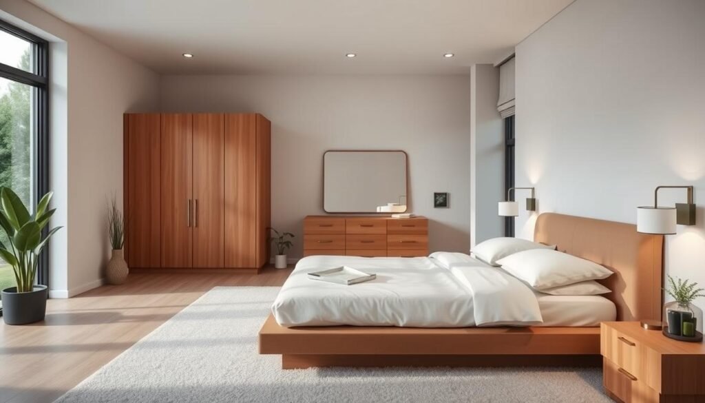 A minimalist yet stylish modern bedroom with clean lines, neutral tones, and a focus on functionality. In the foreground, a low-profile platform bed with plush bedding and modern bedside lamps. The middle ground features a freestanding wardrobe and dresser in warm wood tones, complemented by a large, minimalist mirror. The background showcases floor-to-ceiling windows that flood the space with natural light, creating a serene and airy ambiance. The room is accented with subtle textures, such as a plush area rug and potted plants, adding depth and a touch of organic warmth. Soft, directional lighting from recessed ceiling fixtures and sconces enhances the modern, elegant aesthetic.