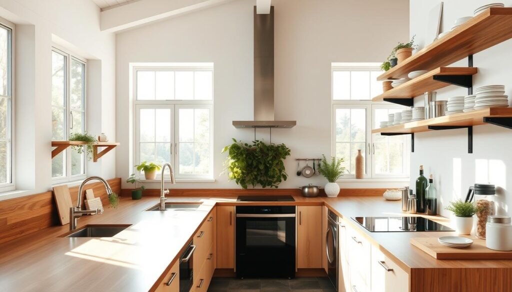 A modern, airy kitchen with ample natural lighting streaming through large windows. The countertops are made of sustainable materials like bamboo or recycled glass, complemented by sleek, energy-efficient appliances. A vertical herb garden adorns the backsplash, adding a touch of greenery. Repurposed wooden shelves line the walls, displaying an assortment of eco-friendly cookware and reusable storage containers. The overall aesthetic is minimalist and harmonious, with a focus on functionality and environmental consciousness.