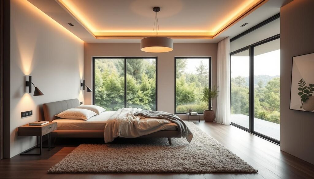 A modern, minimalist bedroom in soft neutral tones with clean lines and a focus on innovative lighting. Warm, diffused overhead lighting casts a cozy glow, complemented by sleek sconces and a dramatic statement pendant light above the low-profile platform bed. The room features large windows offering views of a lush, verdant landscape outside, blurring the boundaries between indoors and out. Textural accents like a shag rug and plush bedding create a serene, relaxing ambiance. The overall mood is one of understated elegance and thoughtful, harmonious design.