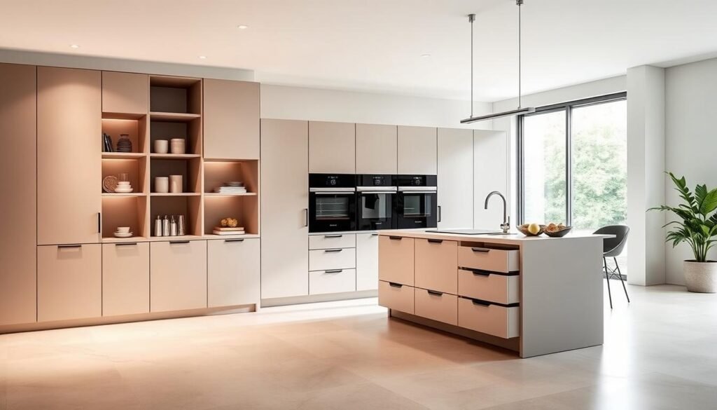 A modern, minimalist kitchen with innovative storage solutions. In the foreground, a sleek, built-in wall unit with hidden compartments and sliding shelves, effortlessly organizing kitchen essentials. The middle ground showcases a modular, freestanding island with integrated drawers and a slim, recessed countertop, optimizing workspace and storage. The background features a bright, airy space with ample natural light, complemented by a neutral color palette and clean, geometric lines, creating a harmonious and visually appealing environment. The lighting is soft and warm, accentuating the seamless integration of form and function. The camera angle is slightly elevated, providing a comprehensive view of the innovative storage solutions.