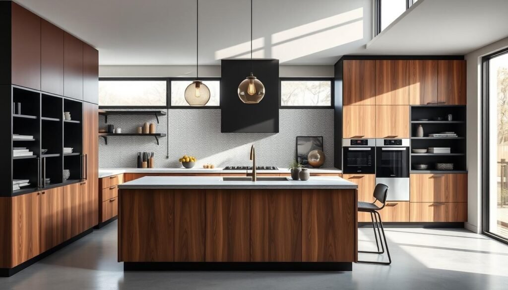 A modern, sophisticated kitchen with a mix of warm wood, sleek metal, and matte black elements. The focal point is a central island with a stone countertop, surrounded by cabinets and shelving in a combination of wood and matte black finishes. Pendant lights with minimalist, industrial-inspired designs hang above the island, casting a soft, moody glow. The backsplash features a textural tile pattern that adds visual interest. Large windows flood the space with natural light, creating a bright and airy atmosphere that contrasts with the darker, moodier tones of the cabinetry and hardware.