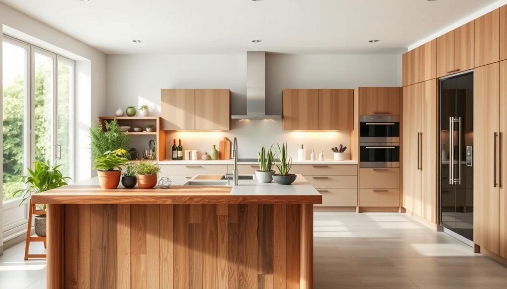 A modern, well-lit kitchen with a focus on sustainability and eco-friendly features. In the foreground, a central island with a sleek countertop made from reclaimed wood or recycled materials. Atop the island, a variety of potted herbs and succulents, adding a natural, organic touch. The middle ground showcases minimalist cabinets and drawers in a neutral color palette, complemented by energy-efficient LED lighting. In the background, large windows allow an abundance of natural light to flood the space, providing a warm and inviting ambiance. The overall atmosphere exudes a sense of harmony, blending function, and environmental consciousness for a truly sustainable kitchen design.