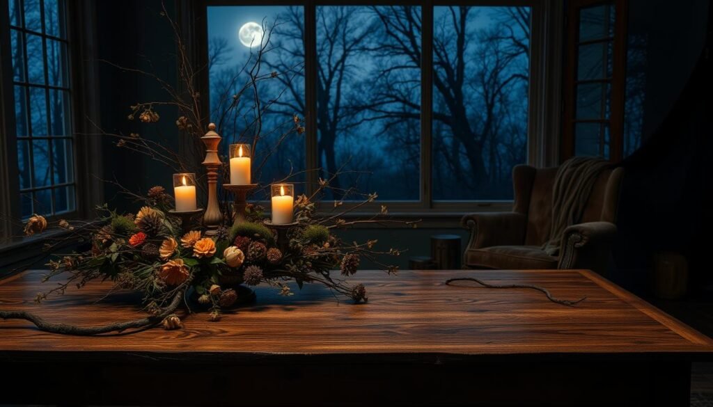 A moody, dimly-lit room filled with elegant, natural Halloween decor. In the foreground, a large wooden table is adorned with a lush, earthy centerpiece - dried flowers, branches, and gnarled candles casting a warm, flickering glow. Trailing vines and mossy accents creep up the table legs. In the middle ground, a vintage armchair is draped with a thick, plush velvet throw, while a large window looks out onto a moonlit, fog-shrouded forest. The background is filled with the silhouettes of bare, twisted trees against a stormy, indigo sky. The overall atmosphere is one of rustic sophistication and understated, autumnal elegance.