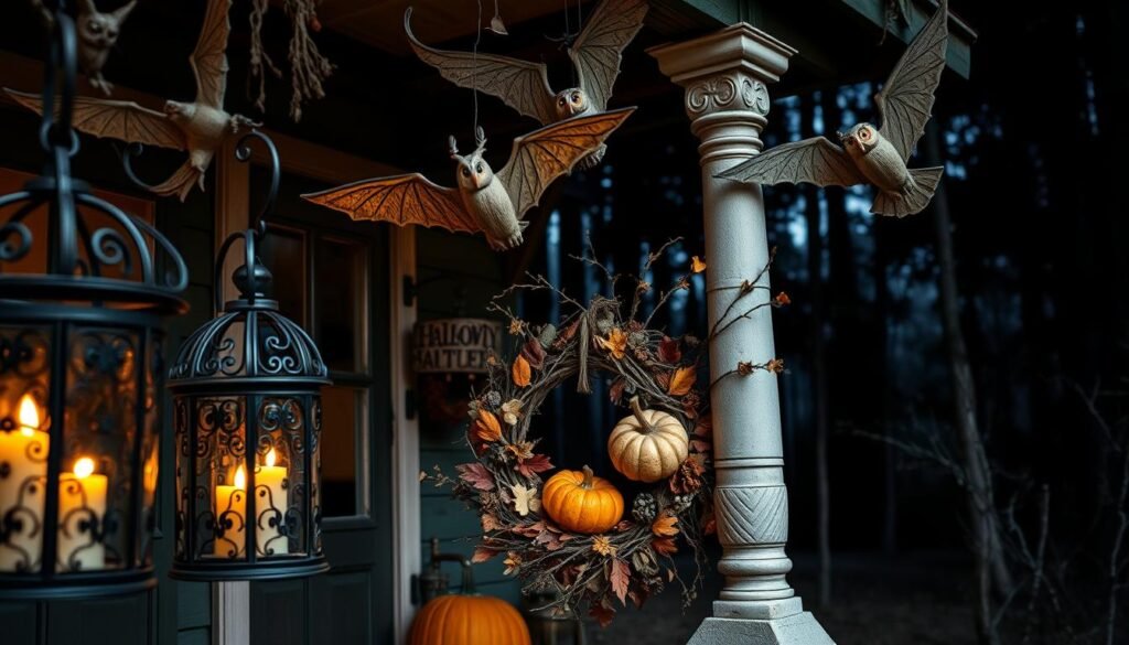 A quaint, rustic Halloween house adorned with a whimsical array of handcrafted decorations. In the foreground, intricate iron lanterns with flickering candles cast a warm, ambient glow. Hanging from the porch eaves, hand-carved wooden bats and owls take flight, their silhouettes dancing against the night sky. The middle ground features a unique wreath of autumn leaves, dried flowers, and gnarled branches, accented by a pair of weathered pumpkins. In the background, a shadowy forest provides a moody, mysterious backdrop, hinting at the supernatural. The overall scene exudes an air of artistry and craftsmanship, eschewing mass-produced Halloween decor in favor of bespoke, one-of-a-kind accents that celebrate the season with elegance and charm.
