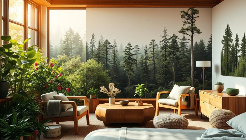 A serene bedroom scene featuring biophilic design elements. In the foreground, a large window fills the space with warm natural light, showcasing a lush indoor garden brimming with vibrant foliage and blooming flowers. Placed strategically throughout the room are natural wood furniture pieces, their organic textures complementing the verdant greenery. Soft, neutral fabrics and textures create a calming atmosphere, while a pair of comfortable armchairs invite relaxation. In the background, a minimalist wall mural depicts a tranquil forest landscape, blurring the boundaries between indoors and out. The overall composition evokes a sense of harmony and connection with the natural world.