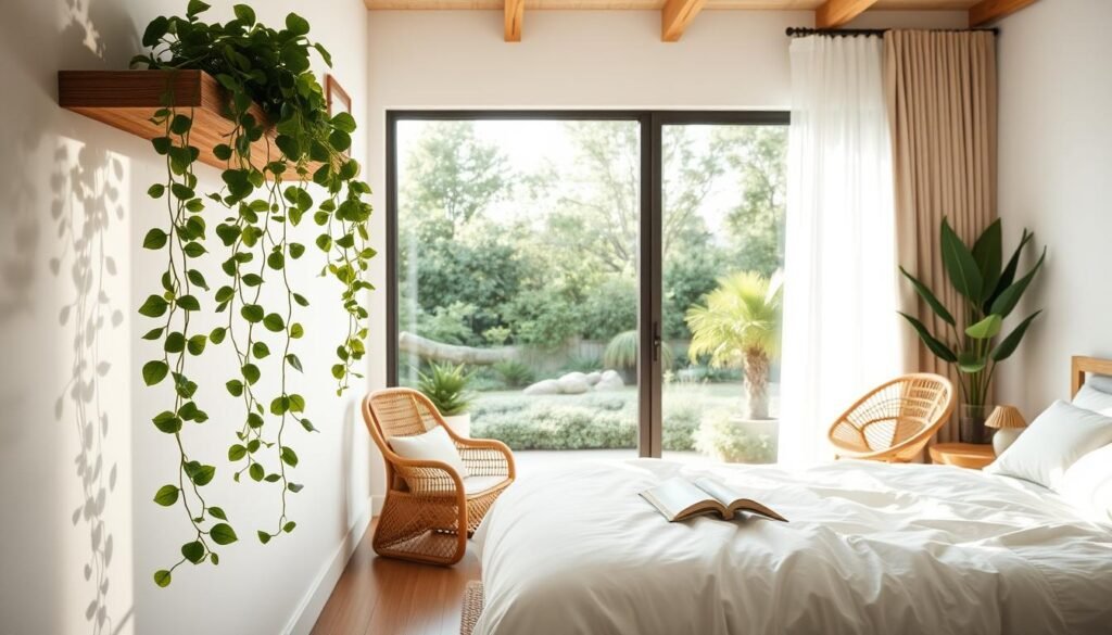 A serene bedroom setting with a focus on biophilic design elements. In the foreground, a lush, verdant indoor plant cascades over a floating wooden shelf, casting soft shadows on the crisp white walls. The middle ground features a large picture window overlooking a tranquil garden, allowing natural light to flood the space. Textural elements like a woven rattan chair and a wooden side table add warmth and a sense of organic harmony. The background showcases a neutral color palette with earthy tones, complemented by the delicate pattern of a woven area rug. The overall atmosphere is one of calm, balance, and a deep connection to nature.
