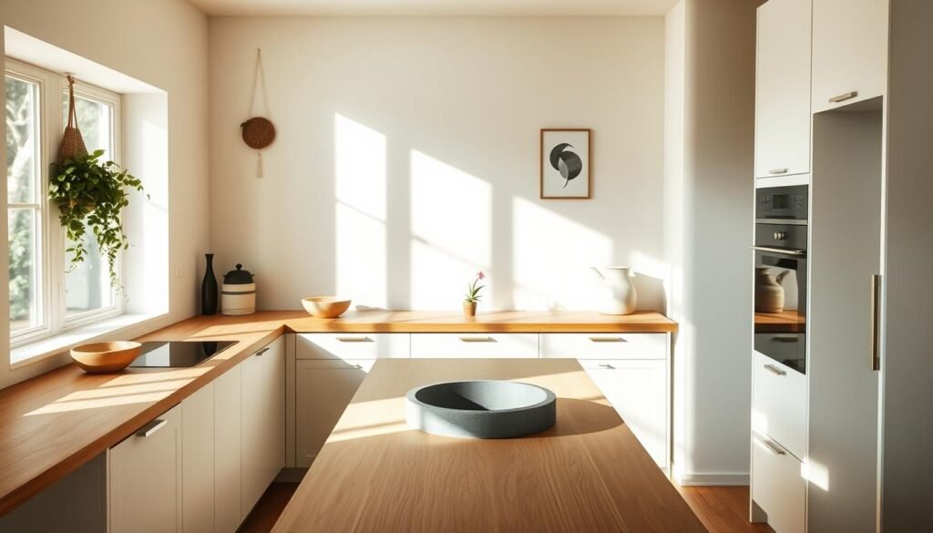 A serene, minimalist kitchen bathed in soft natural light. Smooth wooden countertops, clean white cabinets, and a central island with a simple stone basin. Handcrafted ceramic bowls, a single fresh flower, and a cast iron teapot create a sense of mindful, zen-inspired living. The space is uncluttered, with carefully considered details like a hanging plant and a single abstract wall hanging. The overall atmosphere is calming, focused, and in harmony with the natural world.