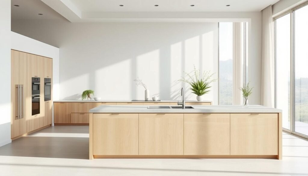 A serene, minimalist kitchen bathed in soft, natural light. The focal point is a large, wooden kitchen island with clean lines and a smooth, zen-inspired design. The countertop is made of pale, natural stone, complemented by simple, understated hardware. In the background, a neutral color palette of whites, grays, and light woods creates a calming, harmonious atmosphere. Tall, slender windows allow the outdoors to seamlessly flow in, blurring the boundary between interior and exterior. Carefully placed plants and a single, elegant vase add a touch of organic warmth. The entire scene exudes a sense of tranquility and balance, embodying the principles of zen design.