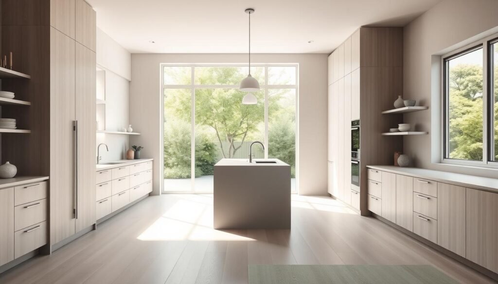 A serene, minimalist kitchen with a clean, uncluttered layout. Soft natural light filters through large windows, casting a warm glow on the pale wood cabinetry and sleek quartz countertops. The space is organized with thoughtful symmetry, featuring a central island with a simple pendant light overhead. Tall, built-in appliances are seamlessly integrated into the design, creating a harmonious, harmonious flow. The neutral color palette, comprising muted grays and whites, exudes a sense of Zen-like tranquility. Slim, handleless drawers and cabinets maintain the streamlined aesthetic, while strategically placed shelves display a few carefully curated objects. An expansive view of a lush, verdant garden completes the calming, nature-inspired ambiance.