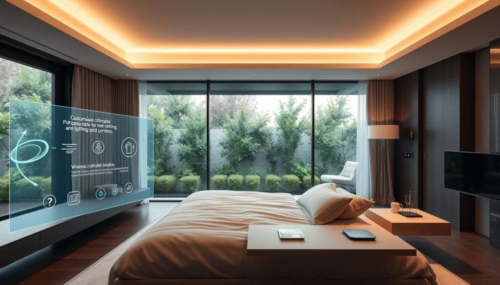 A sleek and minimalist smart bedroom with a floating bedframe, integrated lighting, and a panoramic window overlooking a lush garden. In the foreground, a holographic assistant projects customizable climate and lighting controls. The middle ground features a floating bedside table with a wireless charging pad, voice-controlled speakers, and a smart display. The background showcases automated curtains, a smart thermostat, and a discreet home security system. The scene is bathed in warm, diffused lighting, creating a serene and futuristic atmosphere.