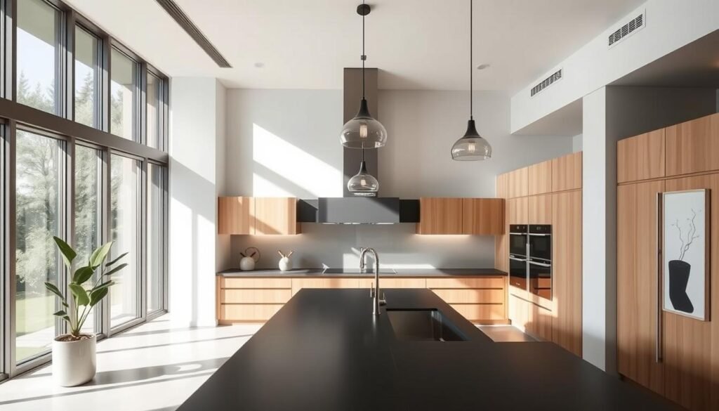 A sleek, modern kitchen interior with a minimalist design aesthetic. The space features a clean, open layout with a central island and high-end, integrated appliances. The cabinets are a warm, natural wood tone, contrasted by a smooth, matte black countertop. Abundant natural light streams in through floor-to-ceiling windows, casting a soft, ambient glow throughout the room. Minimalist pendant lights hang overhead, their streamlined silhouettes complementing the overall sophisticated vibe. Understated, contemporary accents, such as a potted plant and a simple, abstract artwork, add subtle pops of color and texture. The kitchen seamlessly blends form and function, showcasing the evolution of modern design principles.