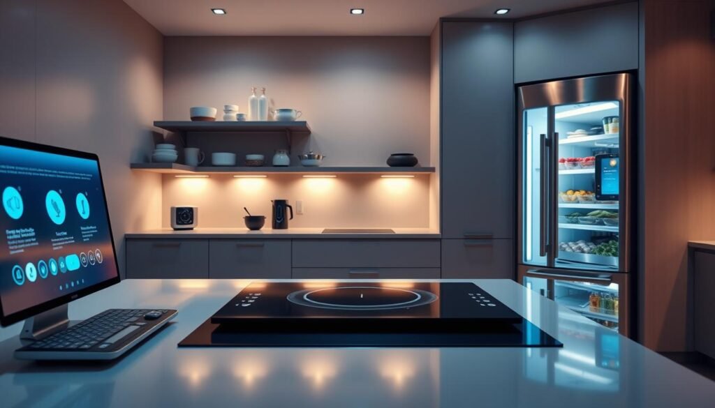 A sleek, modern kitchen with state-of-the-art smart technology integration. In the foreground, a touchscreen display seamlessly controls various appliances and environmental settings. Floating shelves hold voice-activated personal assistants and smart home hubs. The middle ground showcases a futuristic induction cooktop with gesture-based controls. Soft, ambient lighting illuminates the scene, casting a warm, futuristic glow. In the background, a transparent refrigerator door displays its contents, synced with a mobile app. Stainless steel accents and clean lines convey a sophisticated, high-tech aesthetic. The overall atmosphere is one of streamlined efficiency and cutting-edge kitchen innovation.