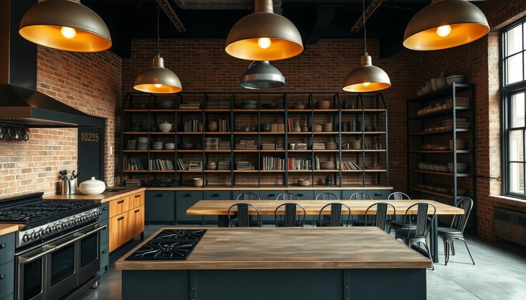A spacious industrial-style kitchen with a moody, sophisticated ambiance. In the foreground, a sleek and minimalist stainless steel range and oven, surrounded by exposed brick walls and oversized pendant lights that cast a warm, amber glow. In the middle ground, a large, weathered wooden dining table with metal chairs, complemented by a towering industrial-style shelving unit displaying an array of cookbooks and pottery. The background showcases floor-to-ceiling windows, letting in just the right amount of natural light to create a balance between the harsh industrial elements and the cozy, inviting atmosphere. The overall scene exudes a sense of both functionality and style, perfectly capturing the essence of an "industrial-inspired moody kitchen aesthetic".