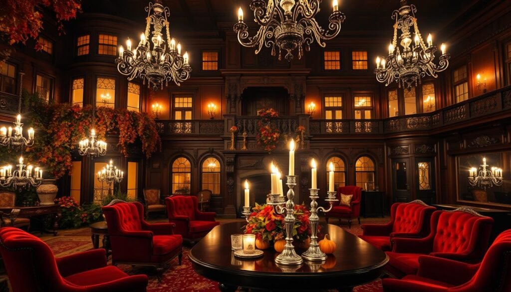 A stately Victorian manor, its facade draped in autumnal foliage, illuminated by the warm glow of candelabras in every window. The interior exudes an air of sophisticated elegance - plush velvet armchairs in deep burgundy, ornate chandeliers casting a soft light across intricate carved wood paneling. A crackling fireplace casts dancing shadows upon richly patterned area rugs, while a grand mahogany table is set with gleaming silver candlesticks and a centerpiece of freshly harvested gourds and autumn blooms. The overall mood is one of timeless, refined luxury befitting a luxurious Halloween soirée.