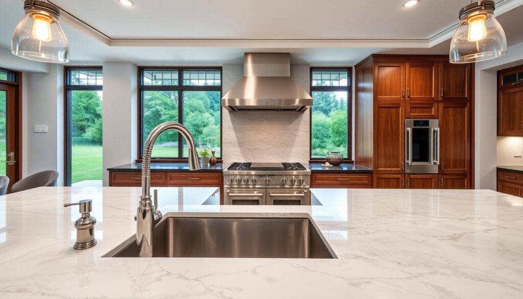 A sumptuous, well-appointed luxury kitchen with a sleek, modern aesthetic. The foreground features an expansive marble countertop with a gleaming stainless steel sink and high-end faucet. Elegant pendant lights cast a warm, ambient glow over the space. In the middle ground, a state-of-the-art gas range and oven are flanked by custom cabinetry in a rich, wood-toned finish. The background reveals large windows that flood the room with natural light, offering a picturesque view of a lush, verdant landscape. The overall atmosphere exudes sophistication, comfort, and culinary sophistication, perfectly suited for a wide range of budgets.