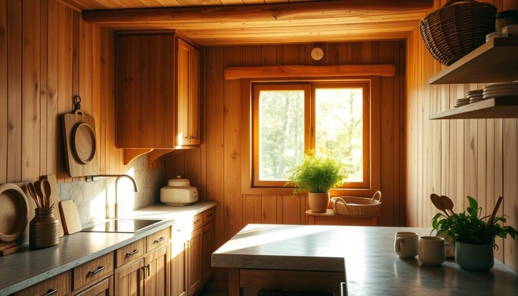 A sun-drenched kitchen with natural wood cabinetry, stone countertops, and woven baskets. A large window floods the space with warm, diffused light, casting soft shadows on the earthy textures. Handcrafted ceramic mugs and wooden utensils adorn the countertops, while a lush, potted plant in the corner adds a touch of greenery. The overall atmosphere is one of calm, rustic simplicity - a peaceful oasis centered around the use of authentic, sustainable materials.