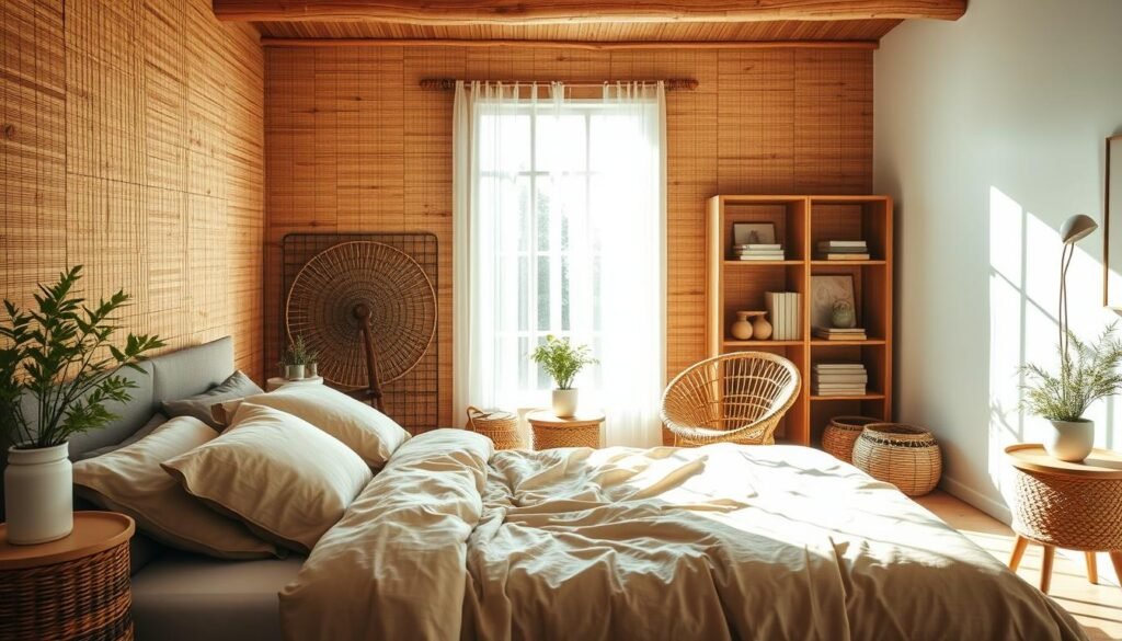 A tranquil, sun-drenched bedroom filled with natural textures and eco-friendly materials. In the foreground, a plush bed adorned with organic linen bedding in earthy tones. Surrounding it, a harmonious arrangement of woven baskets, a rattan armchair, and a wooden side table with a potted plant. In the middle ground, a large window floods the space with warm, diffused lighting, highlighting the textured walls made of bamboo or reclaimed wood paneling. In the background, a minimalist bookshelf showcases artfully displayed sustainable decor pieces. The overall atmosphere exudes a calming, restorative ambiance, perfectly capturing the essence of sustainable materials and eco-friendly design.