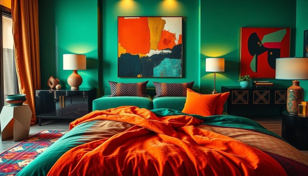 A vibrant and captivating bedroom scene, bathed in a bold color palette that commands attention. The foreground features a plush, velvety bed draped in rich, jewel-toned fabrics - emerald greens, deep indigos, and fiery oranges that create a striking contrast. The middle ground showcases modern, geometric-patterned accent pieces, including a sculptural side table and a vibrant area rug. The background is adorned with bold, abstract art pieces that add depth and visual interest, complemented by warm, dramatic lighting that casts dramatic shadows and highlights the textures. The overall atmosphere exudes a sense of luxury, sophistication, and a touch of contemporary flair, creating a space that feels both inviting and visually striking.