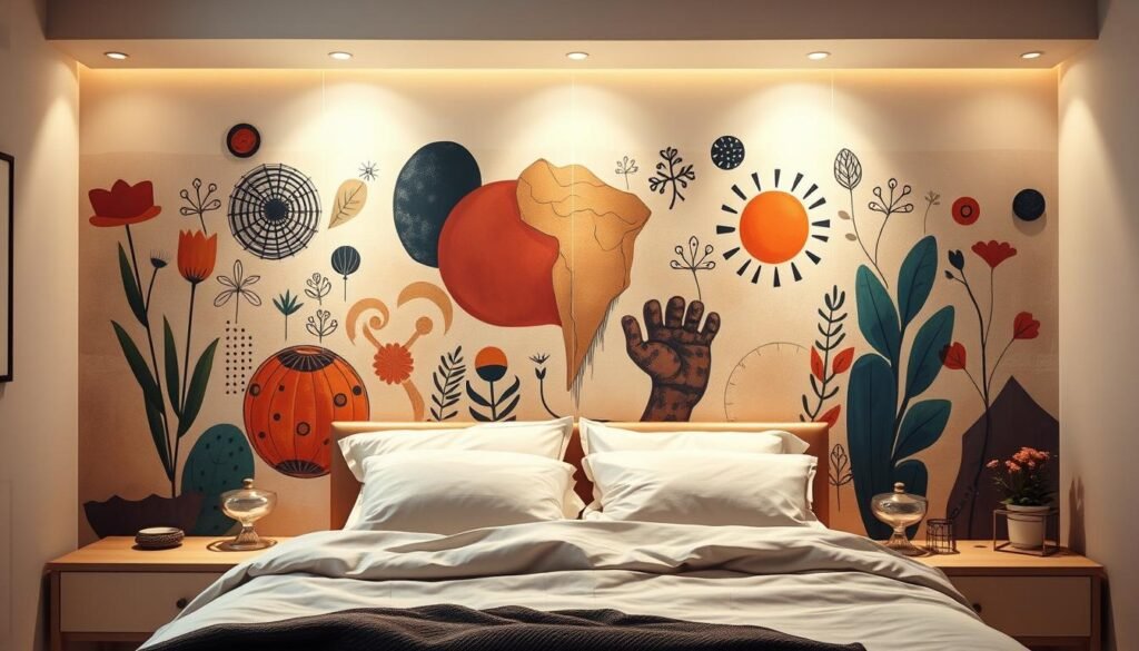 A vibrant, artfully-composed mural adorning a bedroom wall, featuring a harmonious blend of abstract shapes, organic motifs, and personalized elements. Soft, diffused lighting illuminates the space, casting a warm, inviting glow. Textural brush strokes and a muted color palette lend a handcrafted, artisanal feel. The mural's design is a unique expression of the room's occupant, incorporating symbolic imagery and bespoke details that reflect their individual style and personality. The composition is balanced and visually captivating, creating a one-of-a-kind, personalized focal point that elevates the overall aesthetic of the bedroom.