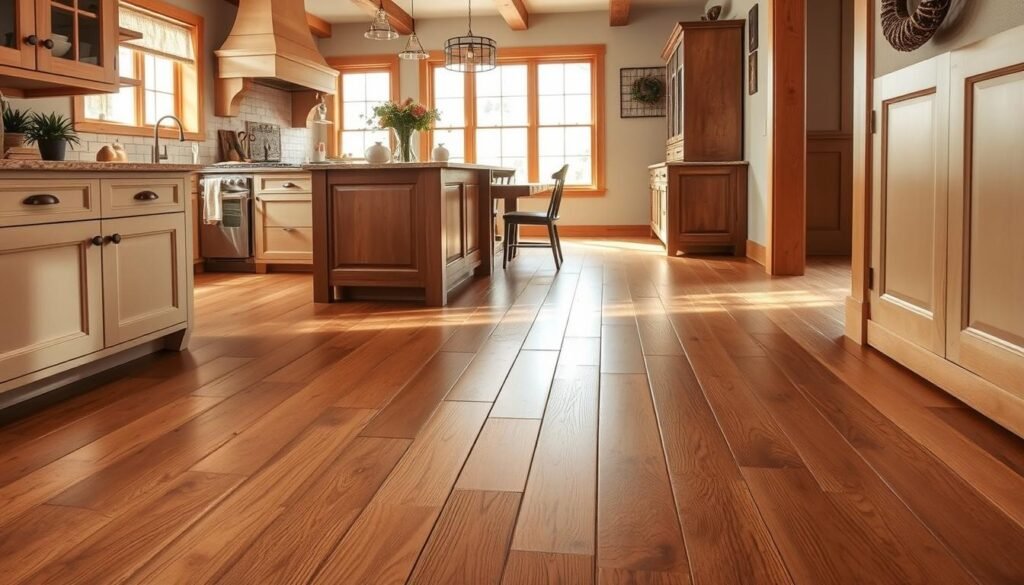 A warm-toned Craftsman-style kitchen flooring, featuring wide wooden planks with visible knots and grains. The floor has a matte, distressed finish that exudes a rustic charm. Soft, natural lighting filters through large windows, casting gentle shadows and highlights across the textured surface. The wooden boards extend seamlessly from the kitchen area into an adjacent dining space, creating a cohesive and harmonious flow. Subtle variations in the wood tones and patterns add depth and character, perfectly complementing the rich, earthy palette of the Craftsman-inspired kitchen design.