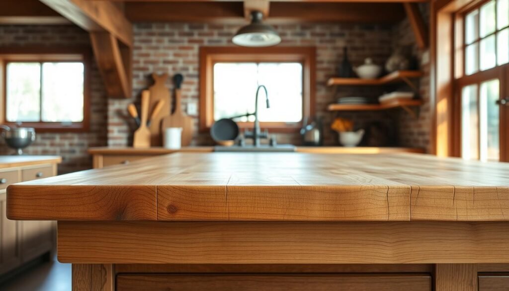 A well-crafted craftsman-style kitchen countertop, with a warm, natural wood grain texture and a distressed, hand-hewn finish. The countertop is set against a backdrop of rich, earthy tones, with hints of exposed brick and rustic wooden beams. Soft, diffused lighting casts a gentle glow, creating an inviting and cozy atmosphere. The countertop is accented with simple, understated hardware, reflecting the timeless, artisanal nature of the craftsman aesthetic. The overall composition emphasizes the tactile, handmade quality of the countertop, showcasing the beauty and authenticity of this quintessential craftsman design element.