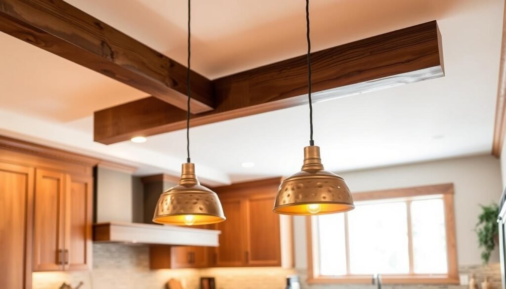 A well-lit craftsman style kitchen with warm, inviting lighting. In the foreground, a pair of rustic, wooden beams crisscross overhead, supporting a pair of sleek, hammered copper pendant lights that cast a soft, ambient glow. In the middle ground, the kitchen countertops are crafted from natural stone, complemented by the rich, wood cabinetry. In the background, a large window floods the space with natural light, creating a cozy, comfortable atmosphere. The overall mood is one of timeless elegance and craftsmanship.