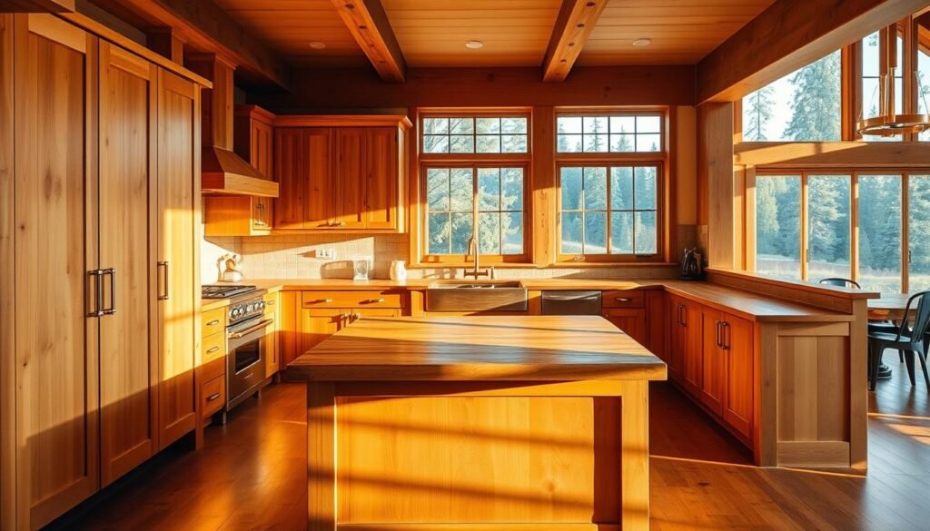 A well-lit, rustic interior showcasing a stunning natural wood cabinetry in a craftsman-style kitchen. The cabinetry features a warm, honey-toned finish with visible wood grain, complemented by brass hardware. The cabinets are arranged in a L-shaped configuration, creating a harmonious flow and ample storage. In the middle ground, a wooden kitchen island with a thick, butcher block countertop serves as the centerpiece, casting gentle shadows. The background depicts a cozy, open-concept space with exposed beams, warm lighting, and a view of a lush, natural landscape through large windows, evoking a sense of tranquility and connection to nature.