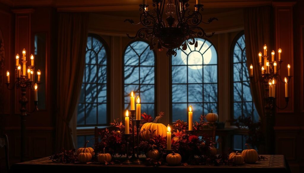 An elegant Halloween scene bathed in a warm, ambient glow. In the foreground, a grand, ornate chandelier casts a soft, flickering candlelight over a table adorned with pumpkins, leaves, and delicate floral arrangements. The middle ground features tall, shadowy candelabras lining the walls, their flames dancing and casting intricate patterns of light and shadow. In the background, a large bay window frames a moonlit, autumnal landscape, hinting at the chill of the coming night. The overall atmosphere is one of refined sophistication, blending the macabre and the refined into a visually striking and captivating scene.