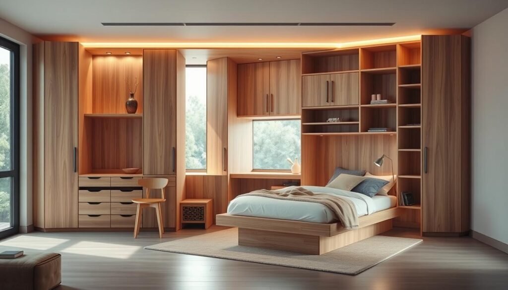 An elegantly designed multifunctional bedroom furniture piece, capturing the essence of versatile living spaces for 2025. A sleek, modular structure in warm, natural wood tones, seamlessly integrating a bed, a desk, ample storage, and hidden compartments. Soft ambient lighting illuminates the clean, minimalist lines, creating a cozy and functional atmosphere. The piece is photographed in a bright, airy room with large windows, allowing natural light to fill the space and highlight the craftsmanship. The composition emphasizes the multifunctional aspect, showcasing the smooth transition between the different functional elements. An inspirational vision for adaptable, space-saving furniture solutions that cater to the evolving needs of modern living.