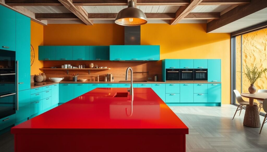 An expansive modern kitchen with bold, vibrant colors and eye-catching textures. The foreground features a sleek central island with a glossy red lacquered finish, contrasted by rough-hewn wooden countertops. Overhead, a pendant light fixture casts a warm glow, illuminating the space. The middle ground showcases vibrant turquoise cabinetry, its matte finish complemented by shimmering metallic hardware. In the background, a feature wall in a striking yellow-ochre tone adds depth and visual interest, its textured surface catching the light. The overall scene exudes a sense of energy, creativity, and culinary inspiration.