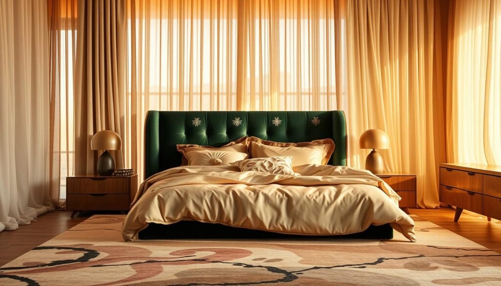 Bedroom in 2025, illuminated by warm, diffused lighting filtering through sheer, flowing curtains. Luxurious textiles take center stage: a plush, jewel-toned velvet headboard, accented with delicate embroidered patterns; soft, cascading bedding in a mix of woven natural fibers and silky satins; and a sumptuous, oversized area rug with an abstract, almost iridescent design. Minimalist, sculptural nightstands and a low-profile dresser in a natural wood tone provide balance. The overall atmosphere is one of serene, sensual sophistication, reflecting the latest trends in high-end residential decor.