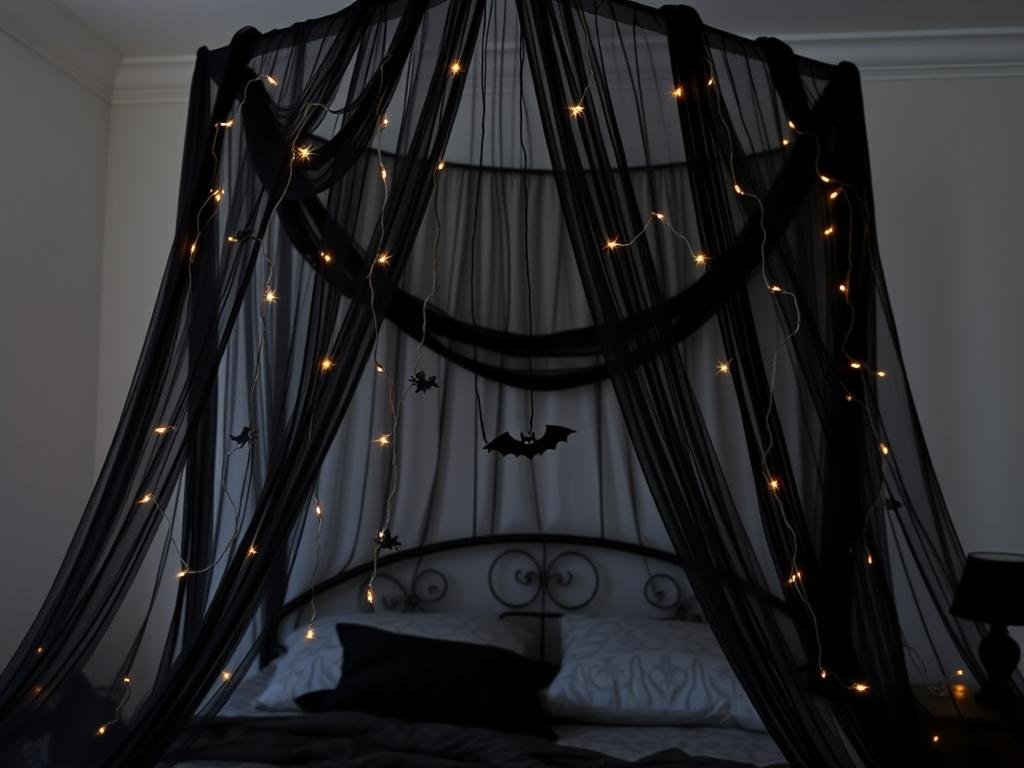 Black Halloween-themed bed canopy for spooky bedroom decor