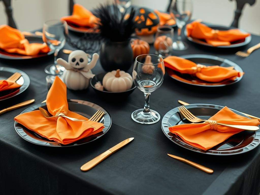 Black Halloween-themed plates and gold cutlery set