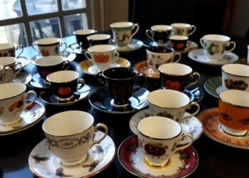 Collection of mismatched vintage teacups and saucers for Mad Hatter Halloween Tea Party