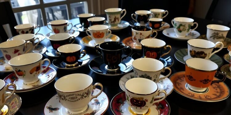 Collection of mismatched vintage teacups and saucers for Mad Hatter Halloween Tea Party