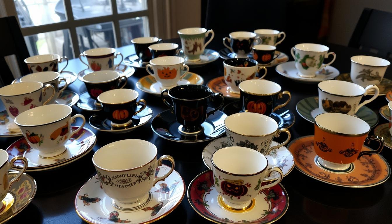 Collection of mismatched vintage teacups and saucers for Mad Hatter Halloween Tea Party