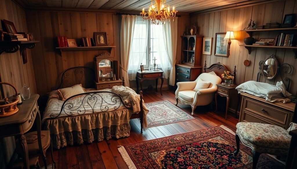 Cozy vintage bedroom interior, soft evening light filtering through lace curtains, worn wooden floorboards and antique furniture, a wrought-iron bed frame with plush bedding, lace and floral accents throughout, an old vanity table with delicate glassware, a shabby chic armchair in the corner, wall-mounted shelves displaying vintage books and trinkets, a beautiful Persian rug on the floor, a subtle chandelier casting a warm glow, the entire scene radiating a sense of timeless comfort and charm.