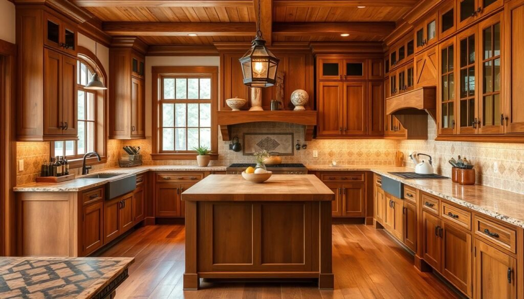Craftsman style kitchen with warm wood tones, intricate cabinetry, and natural stone countertops. Diffused natural lighting from large windows highlights the textured surfaces and earthy palette. A central island with a butcher block top serves as the heart of the space, surrounded by classic shaker-style cabinets in a rich, honey-hued finish. Vintage-inspired pendant lights cast a cozy glow over the scene, while decorative tile backsplash adds visual interest. The overall atmosphere is one of timeless elegance and thoughtful craftsmanship.