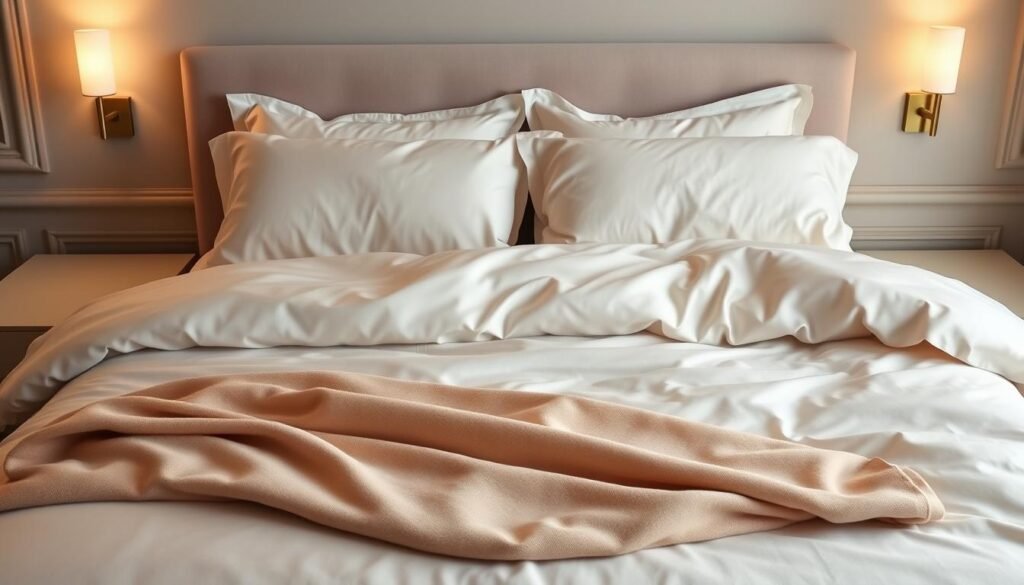 Luxurious bedding in a soft, neutral palette adorns a plush, king-size bed. The sheets are made of high-quality, 1000-thread count cotton satin, with a subtle sheen that catches the warm, indirect lighting from a pair of minimalist brass sconces mounted on the wall above the headboard. A cashmere blanket in a complementary shade is neatly folded at the foot of the bed, while two large, down-filled pillows in crisp, white linen cases frame the scene. The overall atmosphere is one of understated elegance and comfort, creating a serene and inviting sleeping environment.