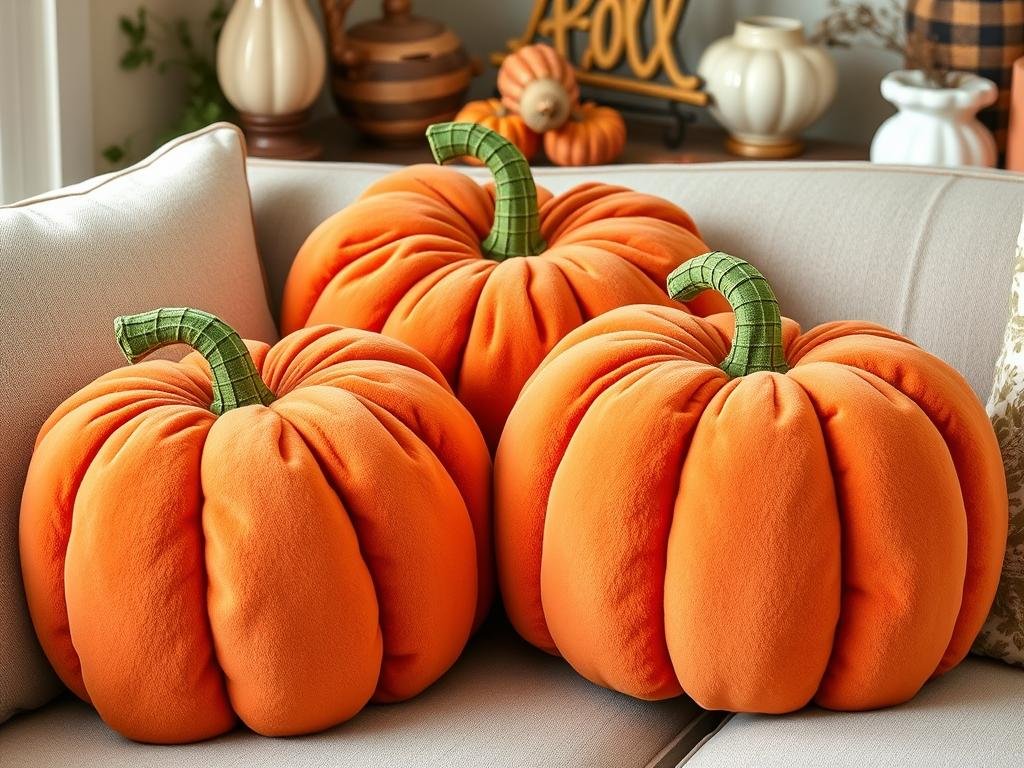 Plush pumpkin-shaped throw pillows for Halloween decor