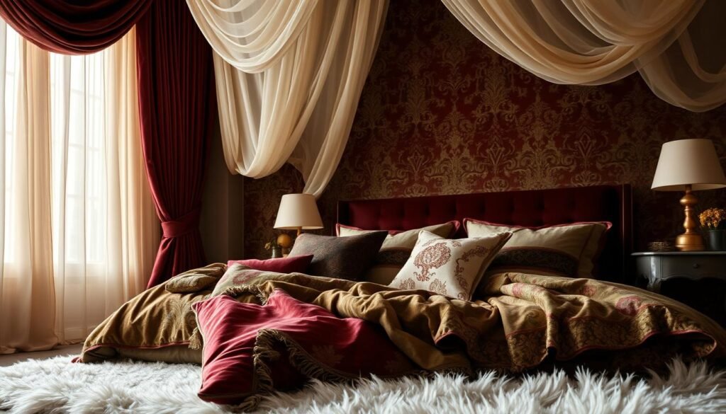 Plush velvet and soft linen textures adorn a cozy bedroom setting, bathed in warm, diffused lighting. Intricate patterns and rich hues of burgundy, forest green, and gold create a sumptuous, inviting atmosphere. Sheer curtains gently billow, adding a touch of ethereal elegance. Luxurious throw pillows and a fluffy area rug complete the scene, evoking a sense of comfort and relaxation. The camera captures the scene from a low angle, emphasizing the layered fabrics and textures that transform the space into a serene, welcoming retreat.